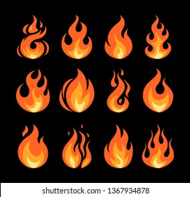 Set of vector flame icons on black background. Simple illustrations of fire in flat style