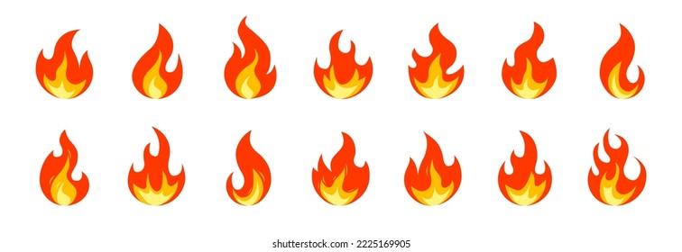 Set of vector flames - Collection of fire and flame symbols in red and yellow colour on white background