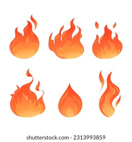 set of vector flare flames and bonfire, in red-orange colors, isolated on white background
