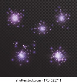 Set of vector flares or flash with rays and sparks of purple on a translucent background.Clipart for designers. Purple effects for decorating postcards or photos