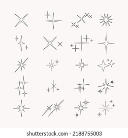 Set of vector flares, stars, twinkles and sparkles in outline. Modern trendy design decorative elements collection