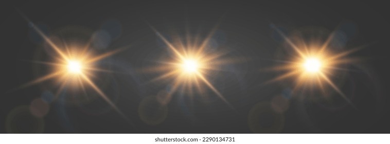 Set of vector flash light effect. Glow light effect, bright sun or spotlight beams. Decor element isolated on dark background.