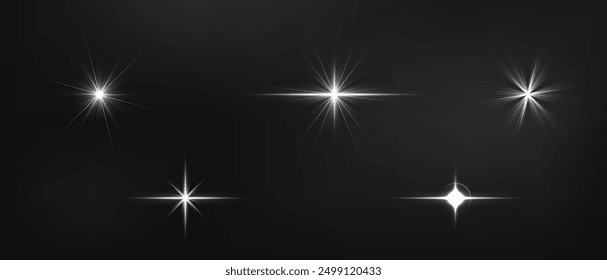 Set of Vector Flash light effects on black background. Vector glow sparkle effect. Transparent vector sunlight for web design and illustrations.