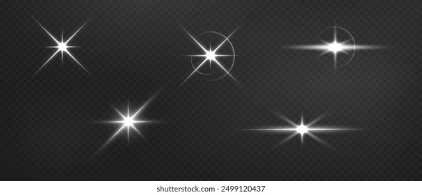 Set of Vector Flash light effects on black background. Vector glow sparkle effect. Transparent vector sunlight for web design and illustrations.