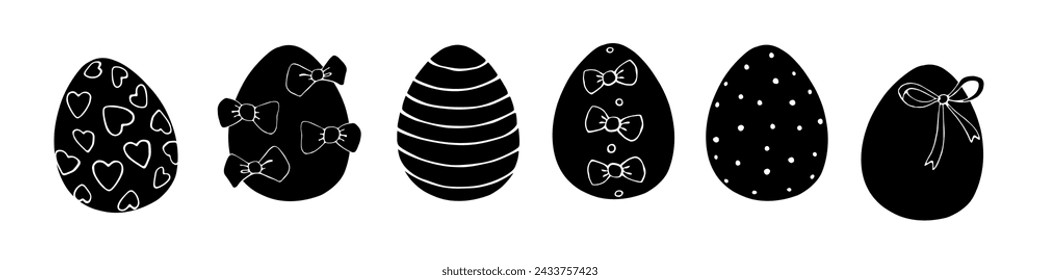 Set of vector flat black ornamental easter eggs with hearts, stains, bows. Holiday hand drawn monochrome illustrations, clip art for greeting cards, festive design