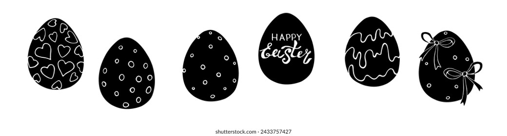 Conjunto de huevos de Pascua ornamentales planos de vector negro con corazones, manchas, arcos. Ilustraciones monocromas dibujadas a mano de vacaciones, imágenes prediseñadas para tarjetas de felicitación, diseño festivo