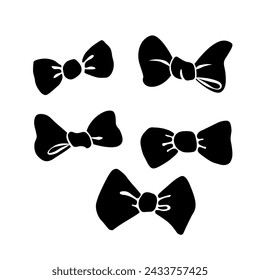Set of vector flat black tied bows, ribbons. Hand drawn simple clip art for Easter xmas birthday Valentines Day, girls design