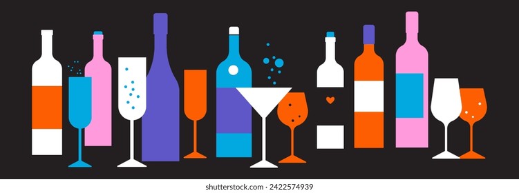 Un conjunto de botellas vectoriales planas, vasos de vino. Cóctel, bebida alcohólica. Etiquetas sin títulos. Ilustración para el bar, cafetería, diseño de menú de restaurante. Cata de vinos. Elementos vectoriales modernos sobre negro