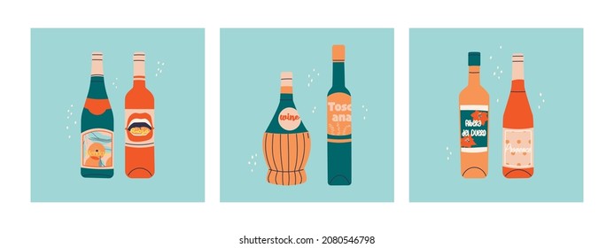 Set of vector flat bottles of wine. Labels with the names of wine-producing regions - Mendoza, Rioja, Tuscany, Ribera del Duero, Provence. Illustration for bar or restaurant menu design.