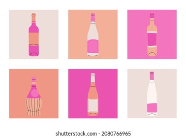 Set of vector flat bottles of wine. Labels without titles. Illustration for bar or restaurant menu design. White, peach, pink.