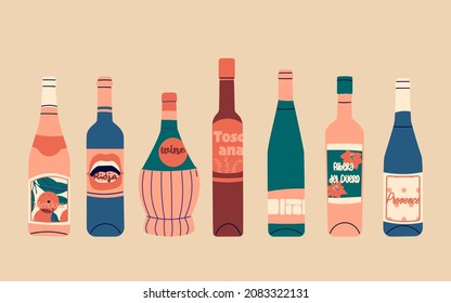 Set of vector flat bottles of wine. Labels with the names of wine-producing regions - Mendoza, Rioja, Tuscany, Ribera del Duero, Provence. Illustration for bar or restaurant menu design.