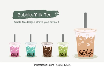 Set of vector flat bubble milk tea, Set of colorful bubble tea cup design collection,Pearl milk tea , Yummy drinks, coffee,green tea and soft drinks.