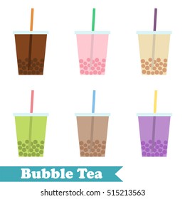 Set of vector flat bubble tea, Set of colorful bubble tea with fruit bubble