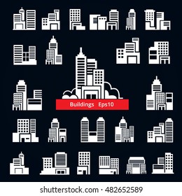Set of vector flat buildings. Buildings icons. Dark background