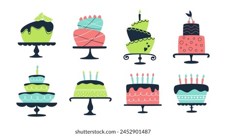 Set of vector flat cakes isolated on white background