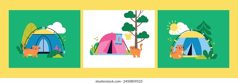 Set of vector flat camping greeting cards. Colorful cartoon campers RV. Road home Trailers and tents, bonfire, pot, food, sun, cloud, trees and plants. Camping caravan cars