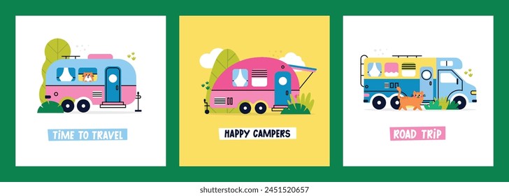 Set of vector flat camping greeting cards. Colorful cartoon campers RV. Road home Trailers. Camping caravan cars with cat, plants, trees. Mobile home for country and nature vacation