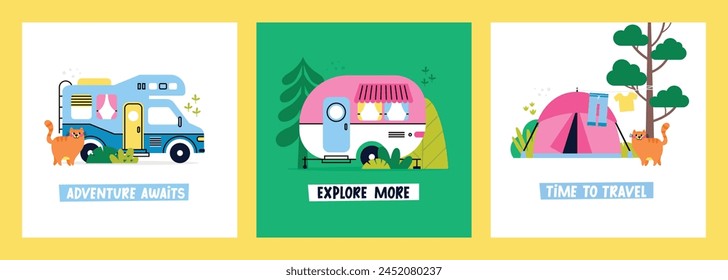 Set of vector flat camping greeting cards. Colorful cartoon campers RV. Road home Trailers and tents. Camping caravan cars with cat, plants, trees. Mobile home for country and nature vacation