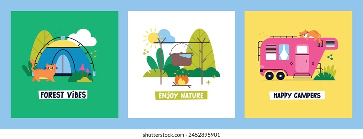 Set of vector flat camping greeting cards. Colorful cartoon campers RV. Road home Trailers and tents, bonfire, pot, food, sun, cloud, trees and plants. Camping caravan cars