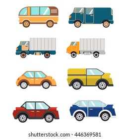 Set the vector of flat cars consisting of sedans, trucks, and vans which can be used for registration of the websites on delivery of goods or travel