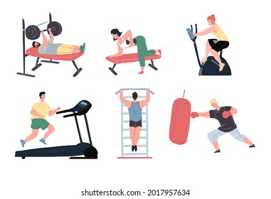 Set of vector flat cartoon characters enjoy sport activities at fitness gym.Athletes working out with barbell,dumbbells,doing cardio and pull ups.Healthy sporty lifestyle,life scene,social design