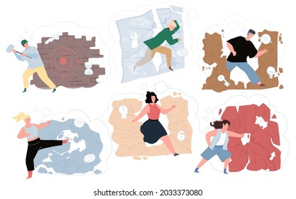 Zeichensatz mit Vektorgrafik-Schriftzeichen, die Wände zerstören, Hindernisse auf dem Weg zum Erfolg lösen von Lebensproblemen, Zielerreichung, persönliches Wachstumsmetapher-Konzept, Website-Banner und Design
