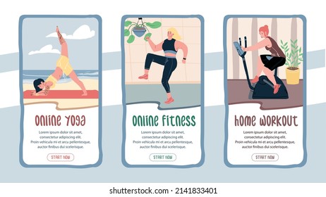 Set of vector flat cartoon characters doing sports on smartphone online app screens-mobile UI kit templates for yoga,fitness,home workout applications,web page design with people scenes and info text