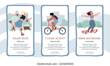 Set of vector flat cartoon characters doing sport on smartphone online app screens-mobile UI kit templates for outdoor summer sports applications,web page design with people scenes and info text