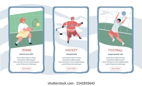 Set of vector flat cartoon characters doing sport on smartphone online app screens-mobile UI kit templates for tennis,hockey,football sports applications,web page design with people scenes,info text