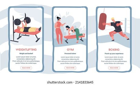 Set of vector flat cartoon characters doing sport on smartphone online app screens-mobile UI kit templates for gym workout sports applications,web page design with people scenes and info text