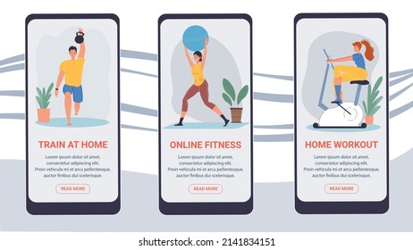 Set of vector flat cartoon characters doing sports on smartphone online app screens-mobile UI kit templates for home fitness workouts applications,web page design with people scenes and info text