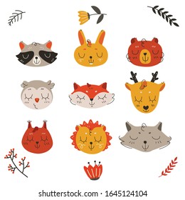 Set of vector flat cartoon cute animal heads. Hand drawn cartoon illustration for children.