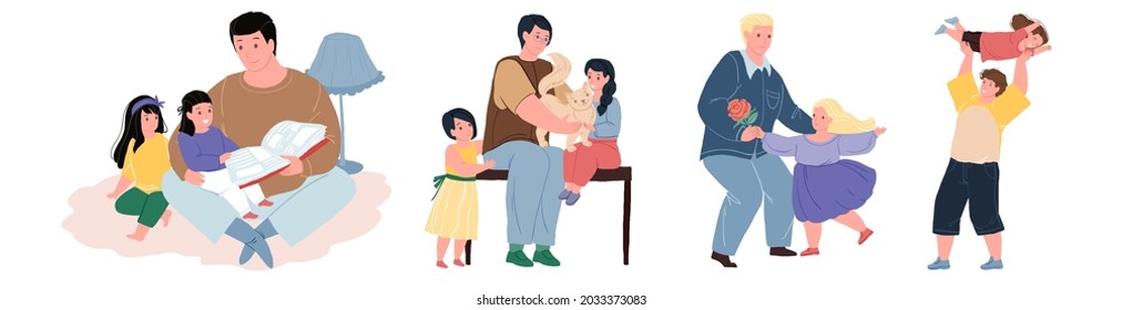 Set of vector flat cartoon dad and children characters happily spend time together-reading,dancing,petting cat,having fun-happy childhood,healthy family relationships concept,web site banner design