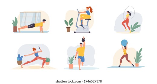 Set of vector flat cartoon family characters doing indoor sport activities,fitness,athletics - healthy lifestyle home sporting concept,web online site design