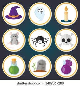 Set of vector flat cartoon icons for halloween. Witch hat, ghost, candle, rat, spider, skull, poison, gravestone