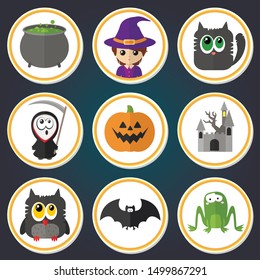 Set of vector flat cartoon icons for halloween. Witch, toad, black cat, owl, bat, pot, castle