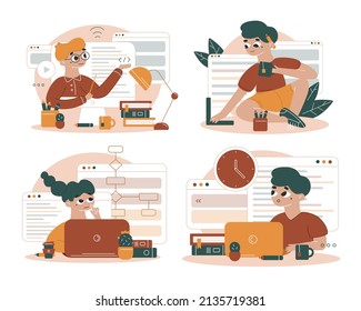 Set vector flat cartoon illustrations. Freelance life. Online learning. Remote workers work from home.