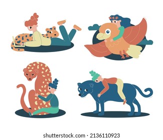 Set vector flat cartoon illustrations. Girls hug animals. Animal friends.