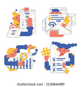 Set vector flat cartoon illustrations. Landing page, seo and social marketing and newsletters.