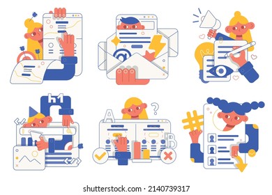 Set vector flat cartoon illustrations. Internet marketing. Seo, testing, support. Landing page and newsletters.