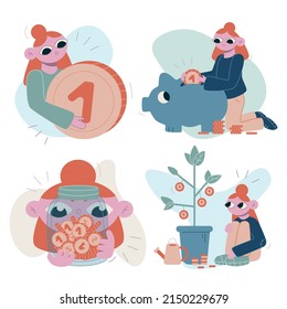 Set vector flat cartoon illustrations. The girl with coin, the piggy bank, accumulated treasures, the money tree
