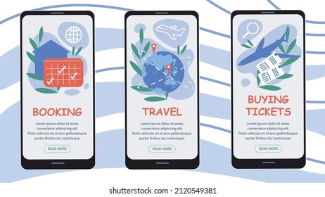 Conjunto de elementos de concepto de viaje de caricatura plana vectorial en pantallas de aplicaciones en línea para smartphone - plantillas de kit de interfaz de usuario móvil para la reserva, aplicaciones de boletos y viajes, página web con información de texto, diseño de escenas gráficas