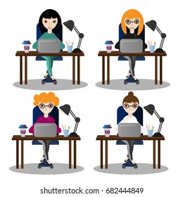 Set vector flat character design on business woman working in office behind her desk with desktop computer and coffee