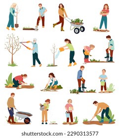 Establecer caracteres vectoriales de hombres, mujeres, niños que realizan trabajos de jardinería con arbustos de árboles Hacer hobby trabajo de riego, plantar, cortar, azadar, organizar el concepto de jardinería de primavera con herramientas