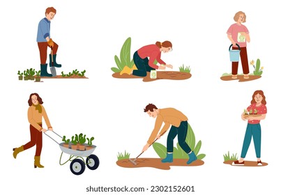 Set vector flat characters of men, women, kids performing gardening works Doing hobby garden work watering, planting, hoeing, arranging Spring gardening concept with tools