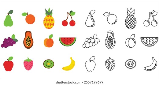Set of vector flat color fruit icons. Collection of fruits and berries. Modern minimalistic design.