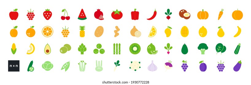 Set of vector flat color icons. Vegetables, fruits and berries isolated on white. Modern design. Healthy food and vitamins