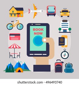 set of vector flat color icons for planning and booking travel o