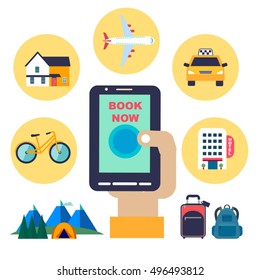 set of vector flat color icons for planning and booking online