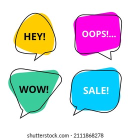 Conjunto de banners, etiquetas de precio, pegatinas, carteles, insignias, tarjetas de identificación, portales, portales, vectores de burbujas de voz plana y de color negro y blanco. Aislado sobre fondo blanco